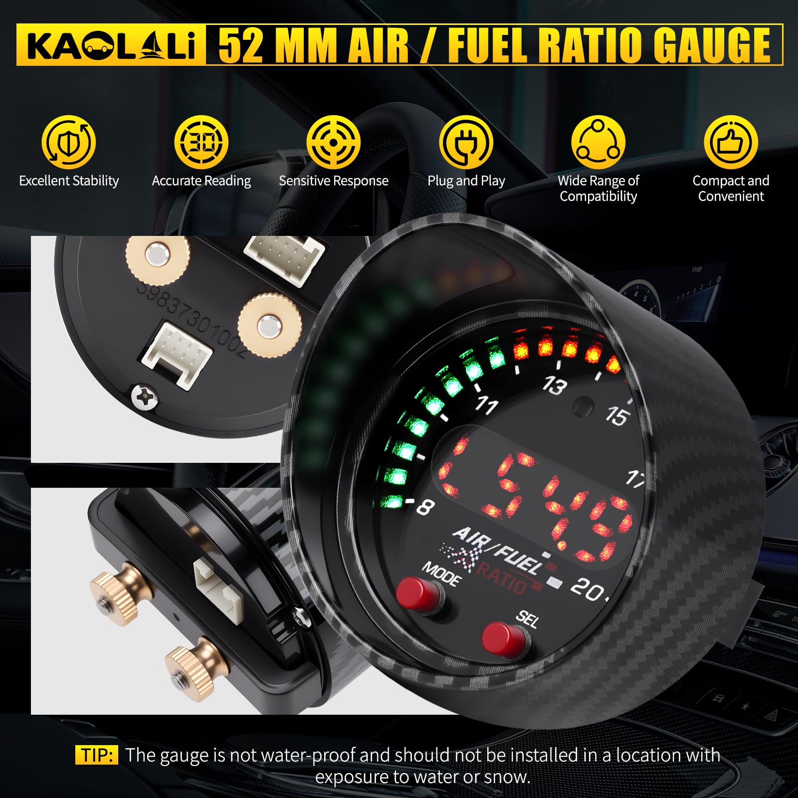 KAOLALI Affichage du Contrôleur de Capteur AFR, 30-0300 X-Series Wideband UEGO AFR Contrôleur Contrôleur Gauge 30‑0300 Ratio de Carburant d'air Affichage de 52mm (2-1/16”) Auto