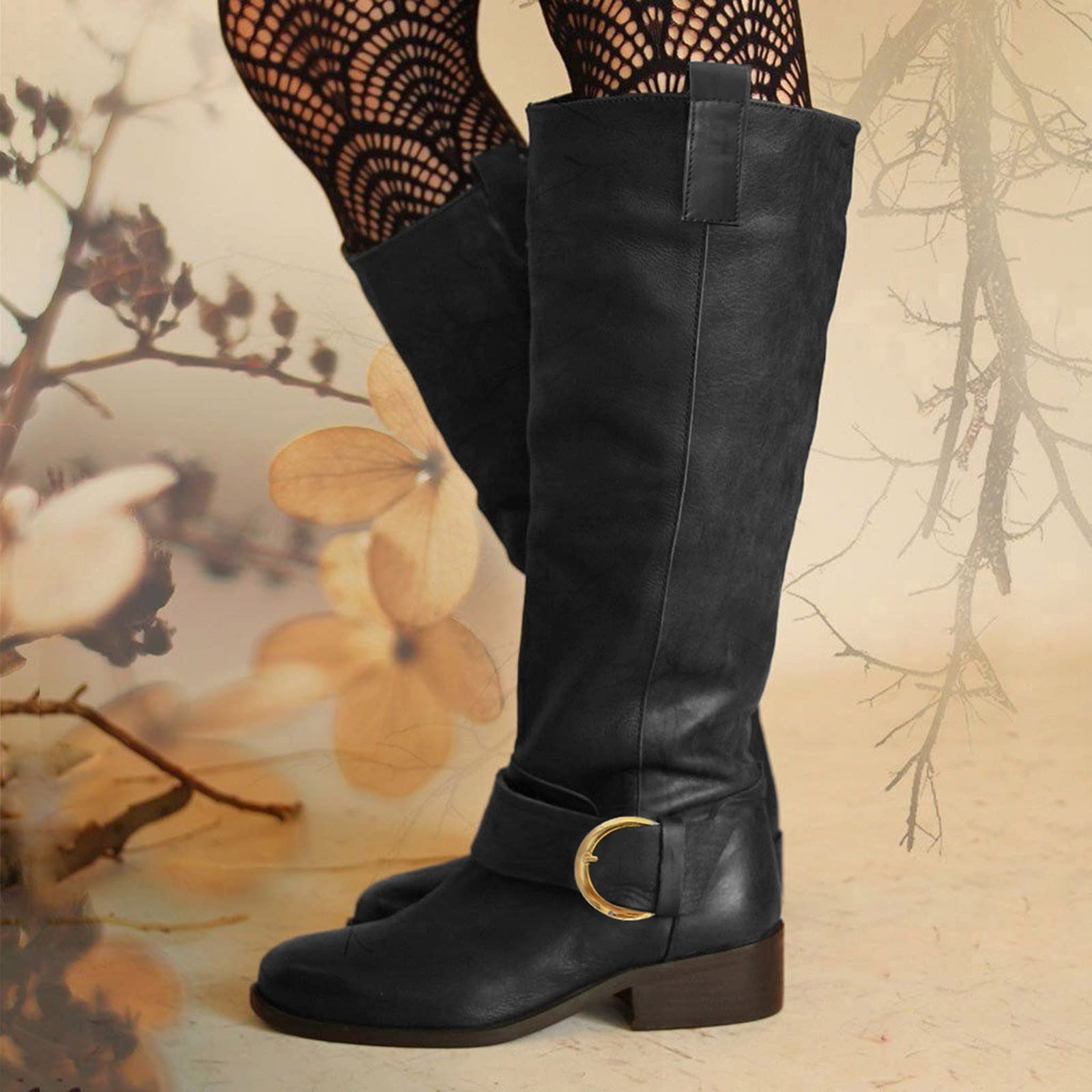 FGUUTYM Stivali da donna neri sopra il ginocchio, stivali lunghi con tacco, da donna, caldi, da cowboy, per autunno e inverno