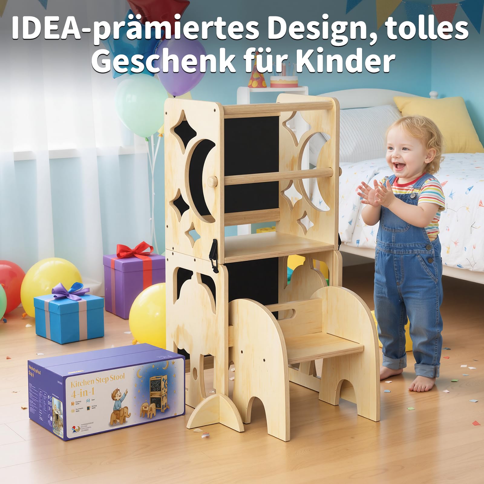 COSYLAND Lernturm ab 1 Jahr, klappbar – 4in1 Lernturm Kinder mit Doppeltafel, Stehhilfe & Schreibtisch mit Stuhl, Elefanten-Hocker als Tritthocker, Natur