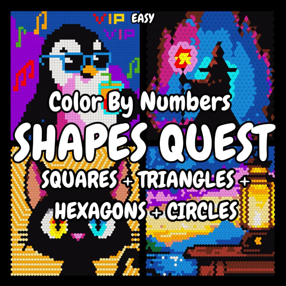 Color by Number for Adults: Shapes Quest Easy | Squares, Triangles, Hexagons, Circles: Mystery Mosaic Activity Book to Relax for Adults (Black Background)