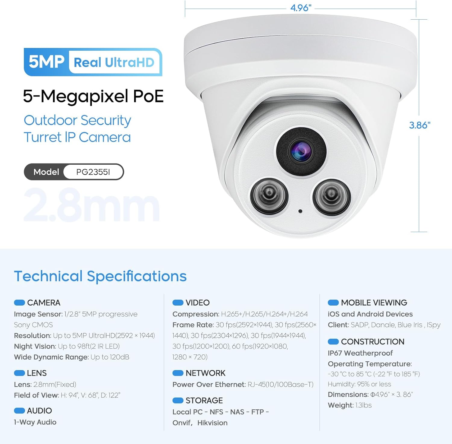 5MP PoE IP Camera Outdoor Compatible with HKV NVR, Human/Vehicle Detection, 98ft Starlight Night Vision, 1/2.8'' CMOS, 2.8mm Lens for 118° FOV, Built-in Mic, IP67 Waterproof, H.265+