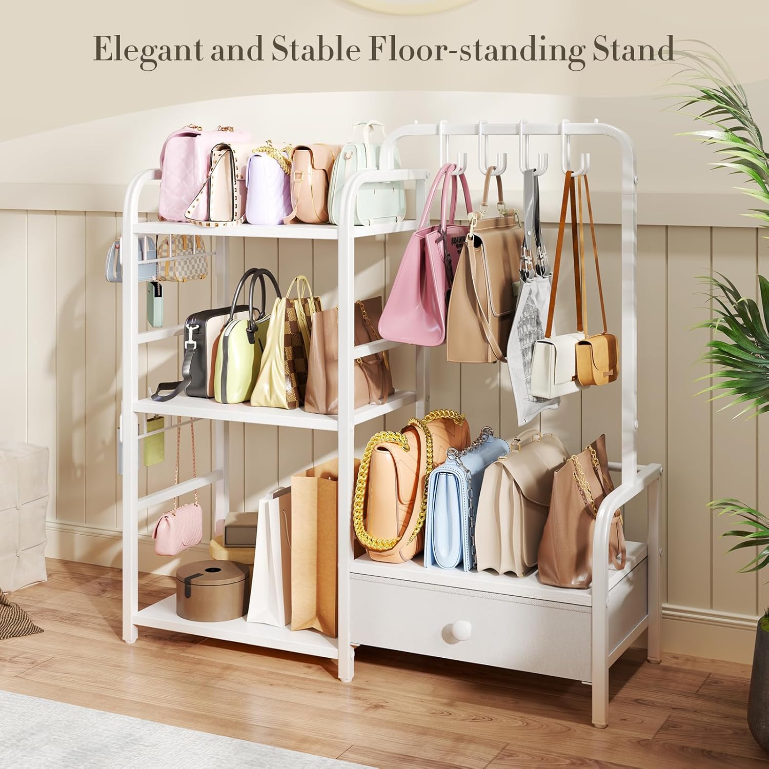 Purse Organizer for Closet, with Bottom Drawer, Extra Large Capacity 3 Tier Handbag Storage Rack for Women, 10 Purse Hanger and Hooks for Bag Organizer, Floor-Standing, Home, Living Room (White) - Image 3