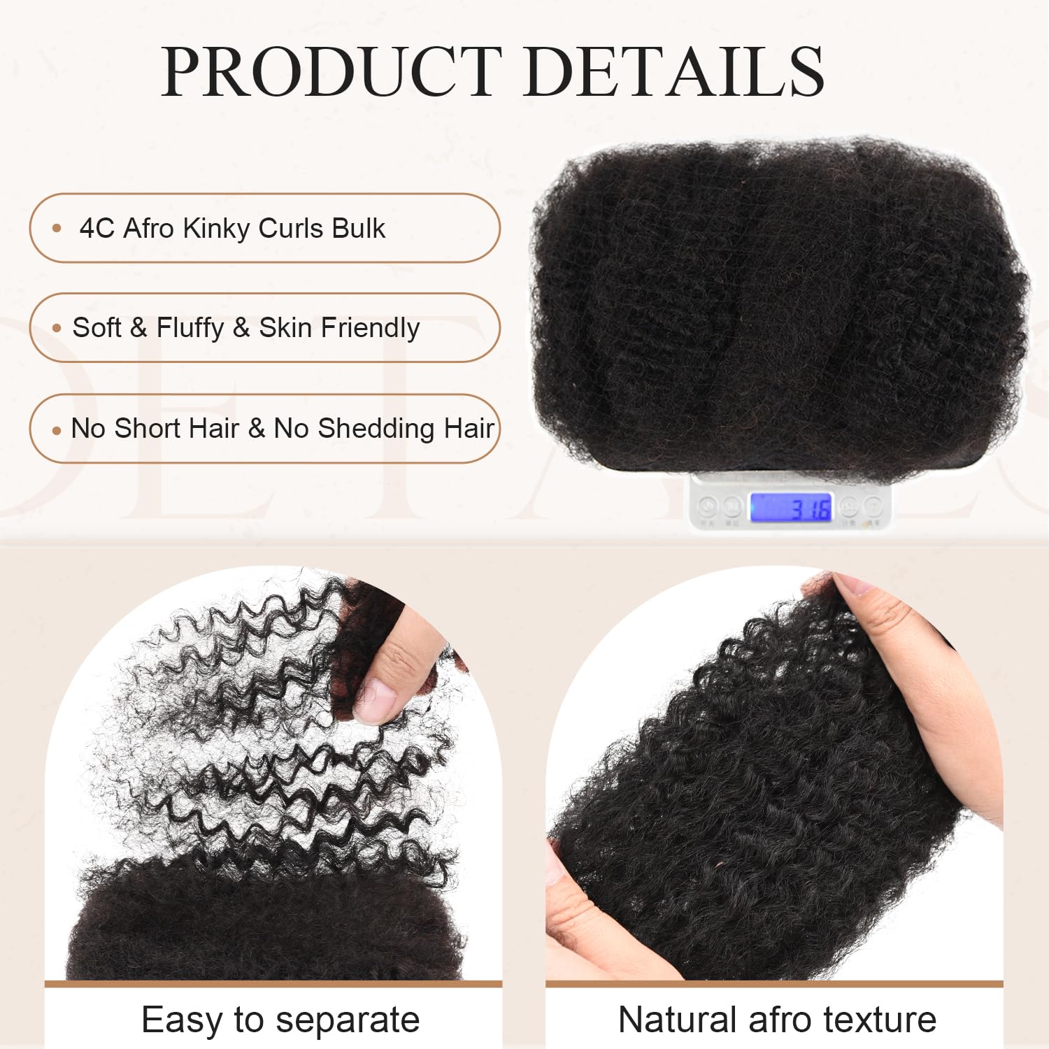 Originea Afro Kinky Curly Human Hair Bulk for Dreadlocks and Twist Braiding 100% Human Hair 3 Packs 8 Inch Soft Afro Kinky Bulk Human Hair Extensions Natural Black Color - Image 3