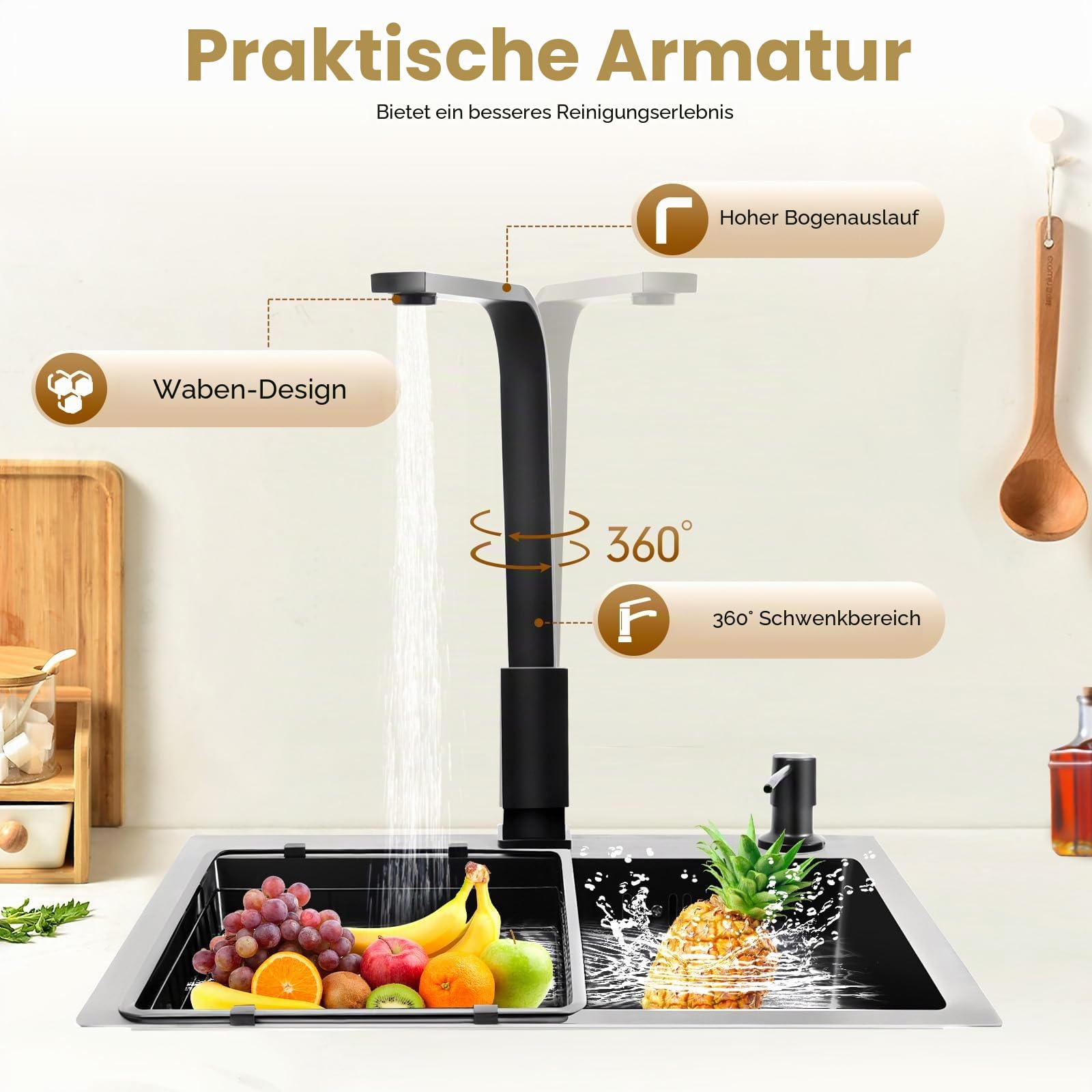 Spüle Spülbecken mit Armatur Schwarz 40x45cm, Einbauspüle X-förmige Leitlinie Waschbecken Küche Küchenspüle mit Seifenspender,Abtropfkorb, Leicht zu Reinigen Nano Kitchen Sink Set (Standardsatz)