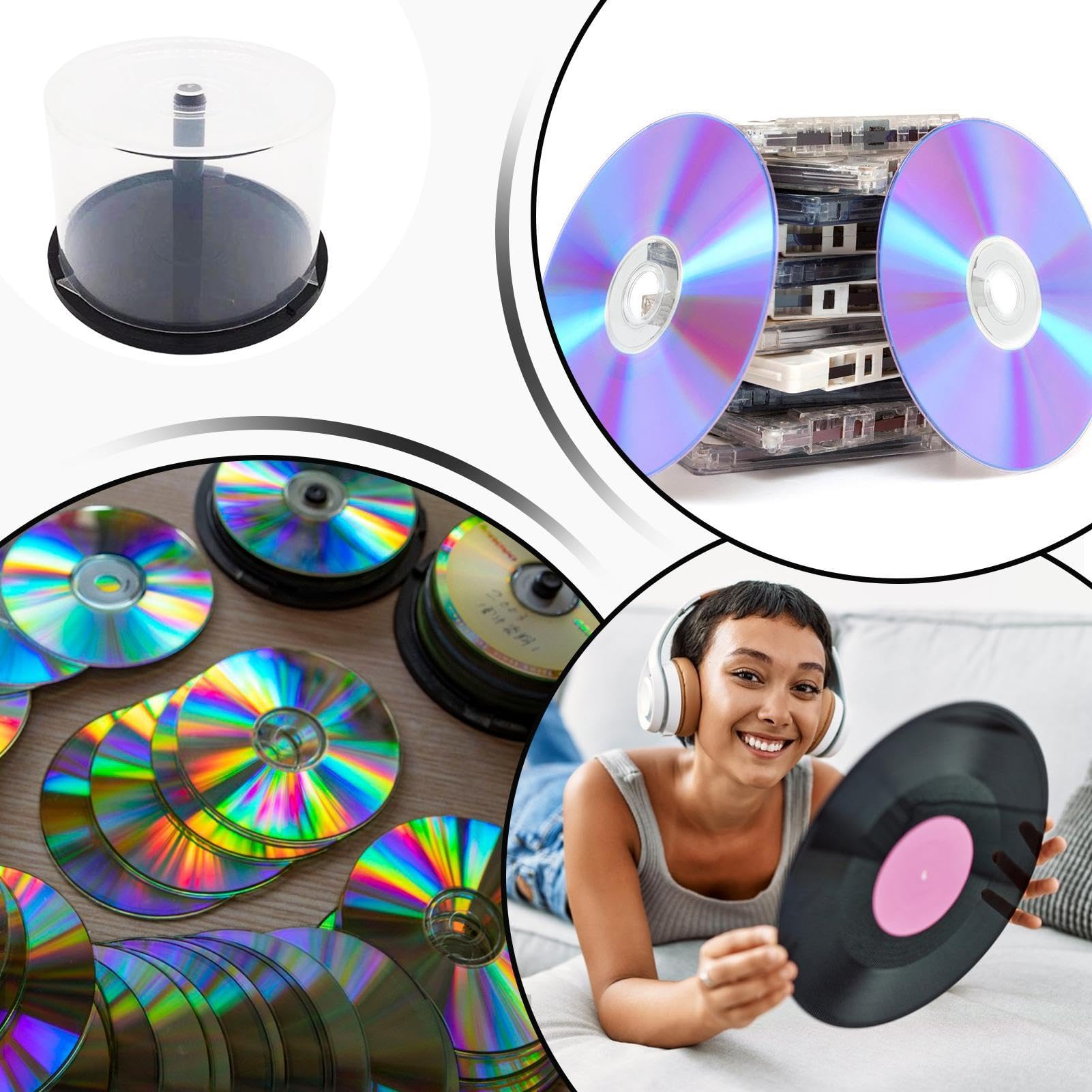 Scatola per torta per DVD, custodia per torta per DVD,Secchio per DVD a colonna trasparente con mandrino nero - Contenitori per la conservazione di 50 dischi per bar domestico, organizer per DVD per d