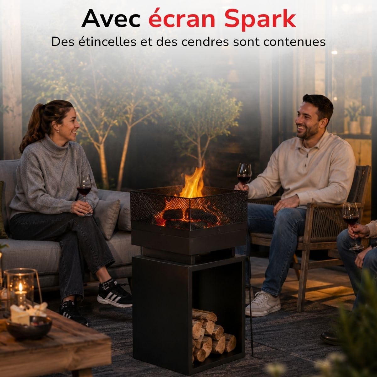 BBQ Collection Brasero Exterieus avec Pare-Étincelles - Cheminée de Jardin 39 x 39 x 85 cm - Cheminée Decoration Jardin Exterieur et Rangement du Bois de Chauffage - Acier au Carbone