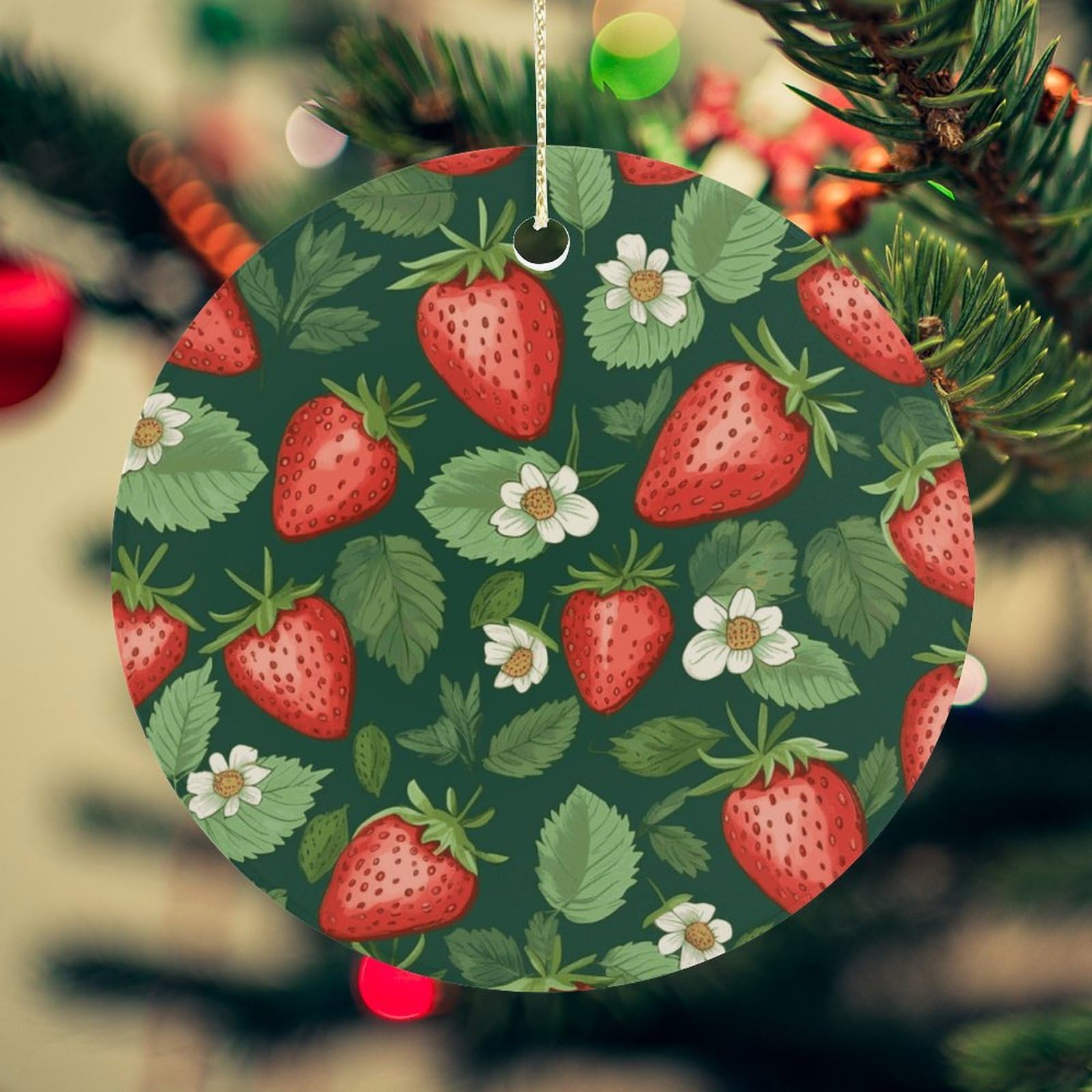 Fresh Strawberries and Leaves Christmas Ornament for Christmas Tree Ceramic Round Ornament Winter Holiday Keepsake Gift 2.7" Christmas Tree Hanging Decorations Circle Ceramic Pendant Xmas Gift