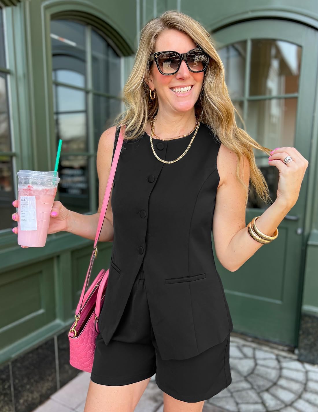 ZESICA Women's 2026 Summer 2 Piece Short Sets Sleeveless Crew Neck Suit Vest Tops High Waist Shorts Business Outfits - Image 5