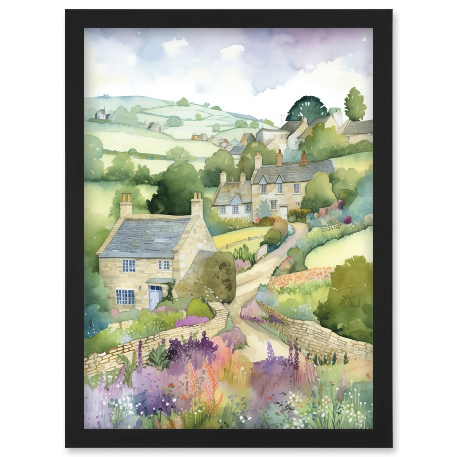 Artery8 Countryside Spring Landscape with Cottages Modern Watercolour Painting Artwork Framed Wall Art Print A4