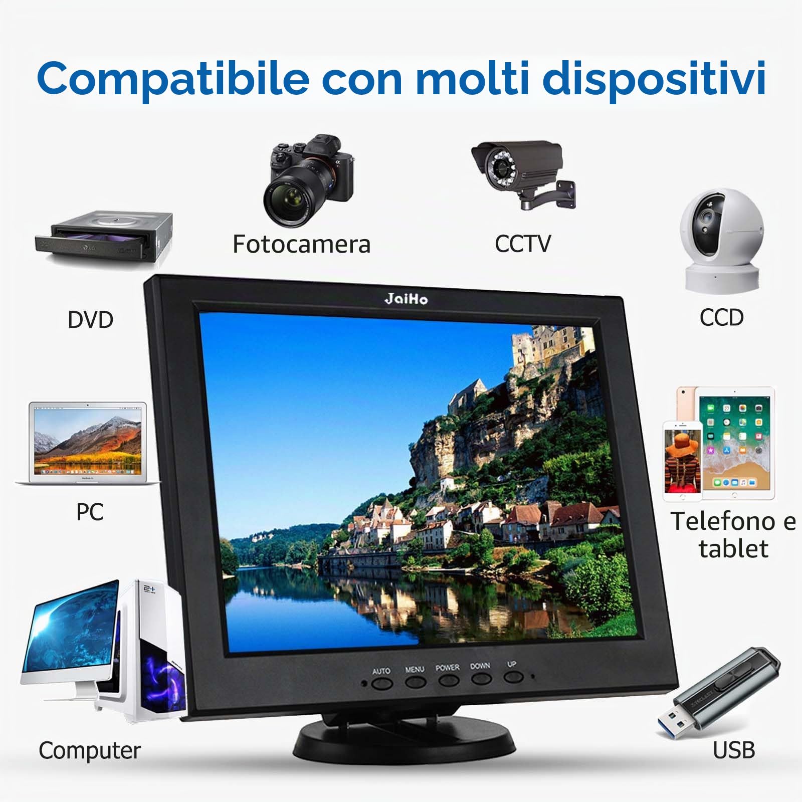 JaiHo Monitor CCTV da 12 Pollici LCD Schermo 800 * 600 Risoluzione, Piccolo Monitor con HDMI VGA BNC AV Ingresso per PC Display CCTV Casa Sicurezza, LCD Schermo a Colori Mini Monitor