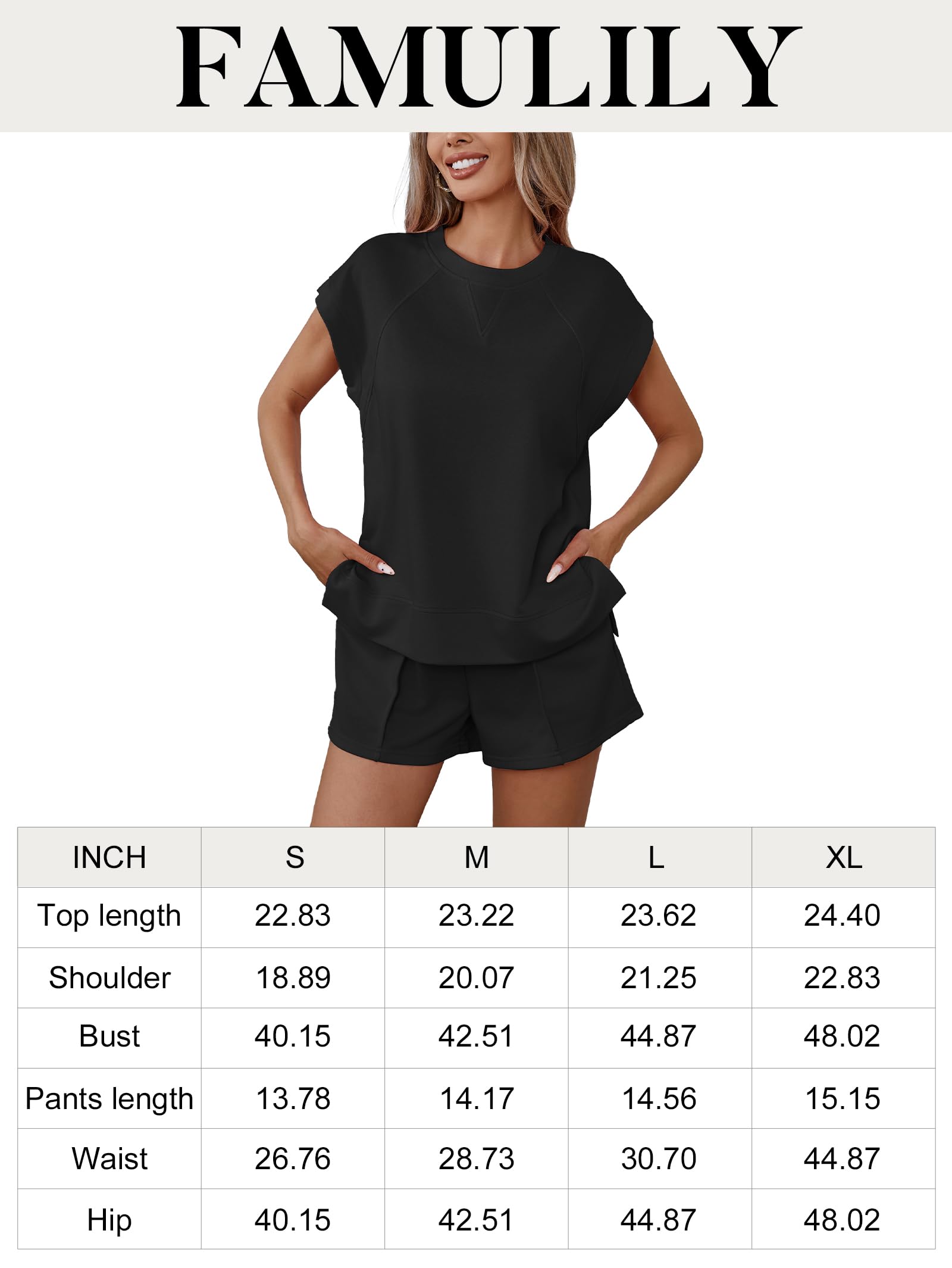 Famulily Conjunto de chándal de manga corta para mujer, cuello redondo, camisa con abertura lateral y pantalones cortos con costuras pellizcadas, conjunto de verano, tallas S-XL