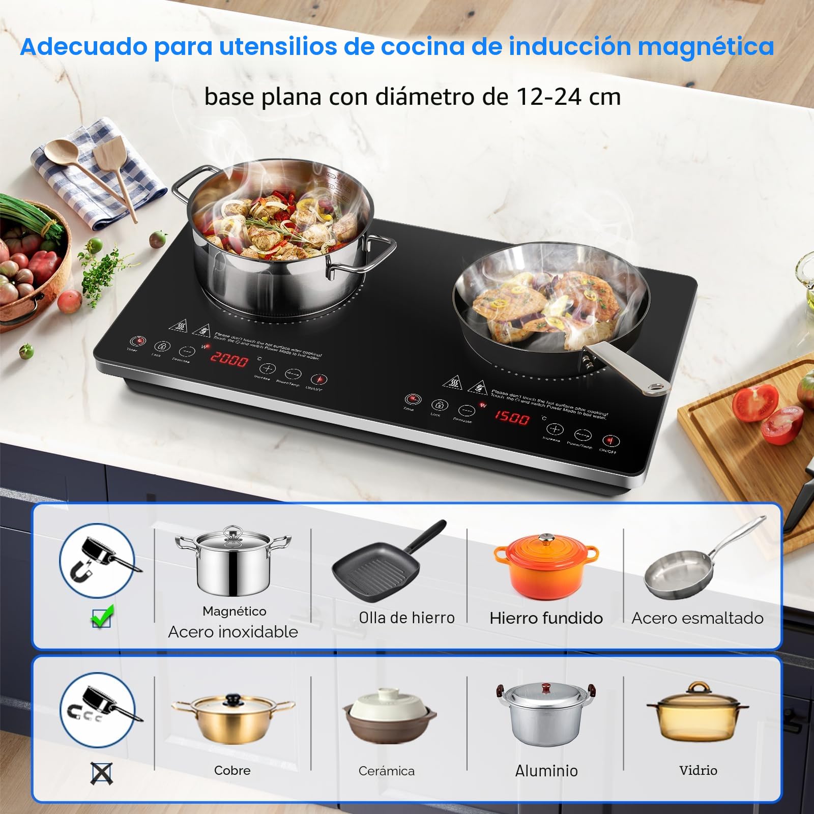 AMZCHEF Placa Inducción 2 Fuegos, Placa de Inducción Portatil 3500W con Controles Independientes, IGBT Mejorado, 20 Niveles de Temperatura, Múltiples Niveles de Potencia, Temporizador de 4 Horas