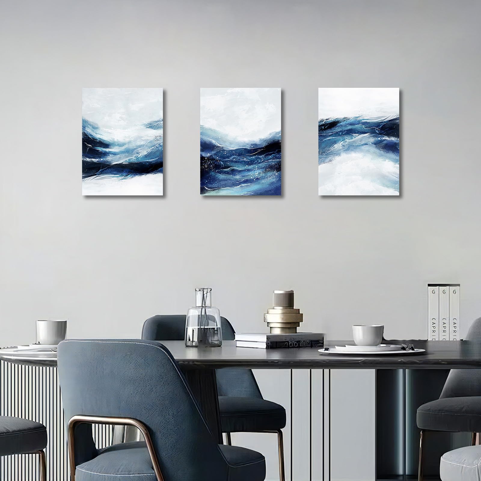 FajerminArt 3Pcs Dark Blue Modern Living Room Painting Framed Abstract Blue White Canvas Wall Art Pictures Printing Canvas Artwork Wall Decor for Bedroom Bathroom Office Ready to Hang 30x40cmx3 Pcs — view 5