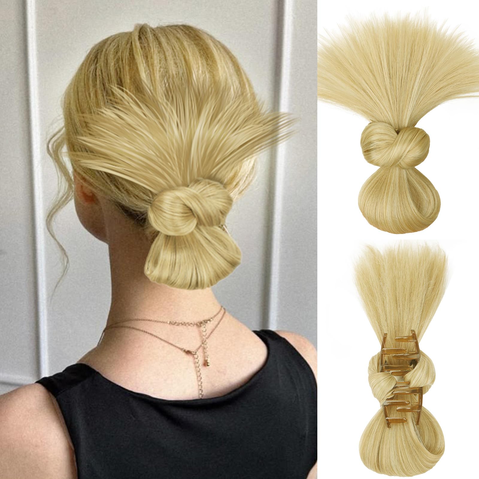 SUKRI Blonde Highlights Cilp on Hair Extensions,Blonde with Pale Gold Highlights Ponytail Extensions Slick Back Bun Feather Bun for Women,Synthetic