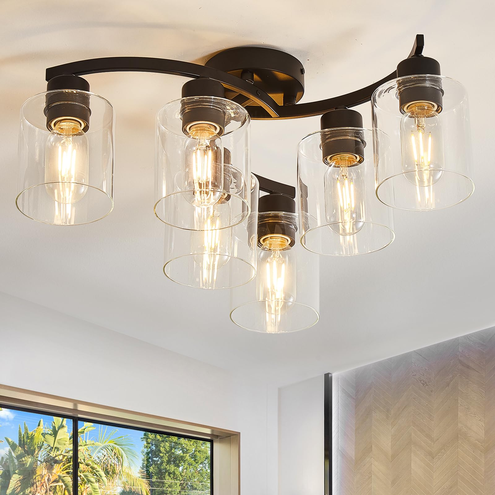 Black Ceiling Light Fixture, 6 Light Flush Mount Ceiling Light, Industrial Ceiling Lamp with Clear Glass Shades, Modern Hallway Light Fixtures Ceiling for Bedroom Living Room Kitchen Entryway(6-Light)