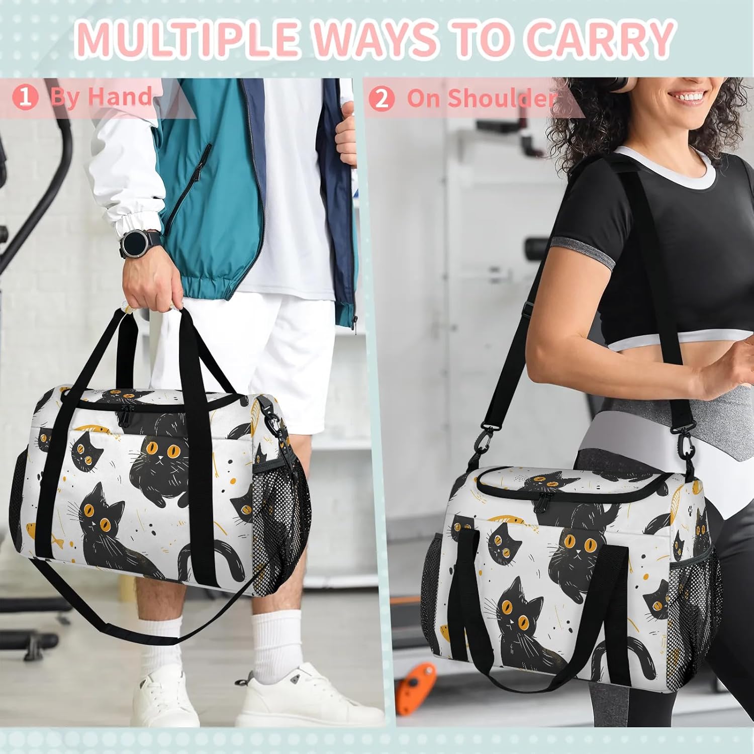 39L Duffle Bag for Travel Carry on Bag for Men Women Foldable Sport Gym Tote Bag Waterproof Overnight Weekender Bag with Side Pocket Cats