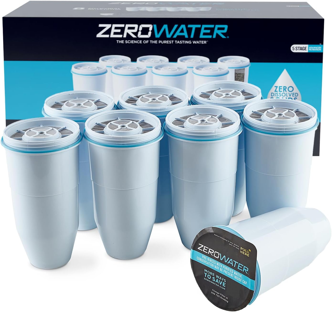 ZeroWater Official Replacement Filter - 5-Stage 0 TDS Filter Replacement - System IAPMO Certified to Reduce Lead, Chromium, and PFOA/PFOS, 8-Pack, White