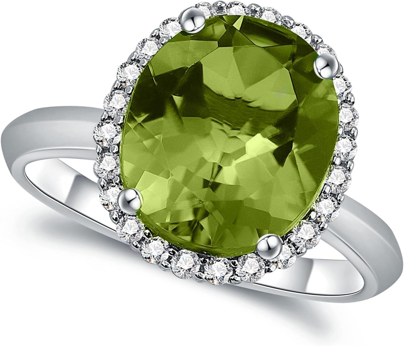 14K White Gold Genuine Peridot 5-1/5 Ct, Diamonds Oval Ring. Size 7 - Image 2
