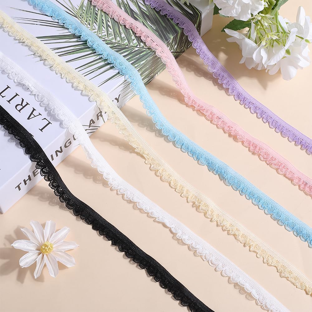 GORGECRAFT 19.69 Yards 6 Colors Elastic Lace Trim 1/2" Wide Stretch Ribbon Lingerie Edge Trimming Floral Pattern Crocheted Webbing for DIY Sewing Crafts Garment Gift Wrapping Headbands Wedding Supply