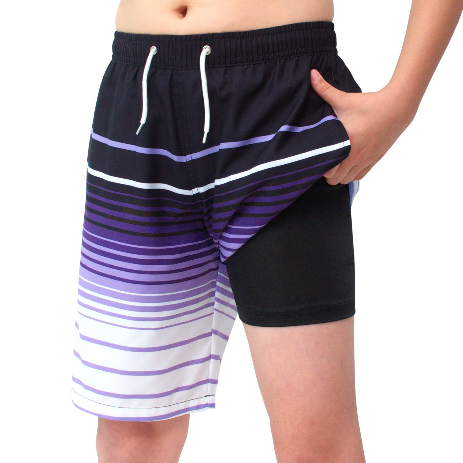 MEILONGER Badehose Jungen 2 in 1 Badeshorts Kinder Schnelltrocknend Boardshorts Bademode Schwimmhosen mit Kompression Innenhose Verstellbare Tunnelzug(Lila,176)