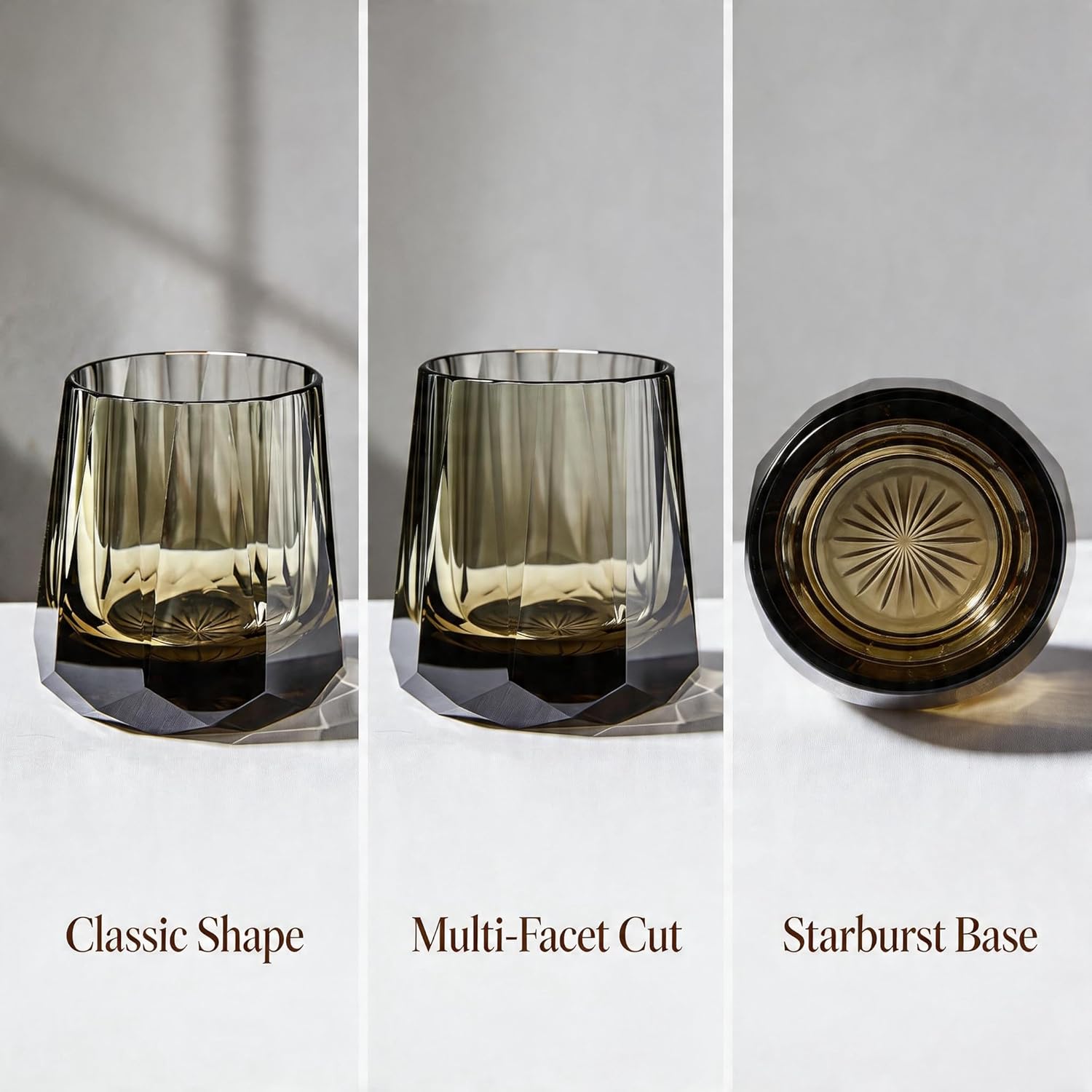 Smoky Grey K9 Crystal Whiskey Glass, Lead-Free Hand-Cut Diamond Faceted Tumbler, Heavy Base Rocks Glass for Scotch, Bourbon, Cocktails