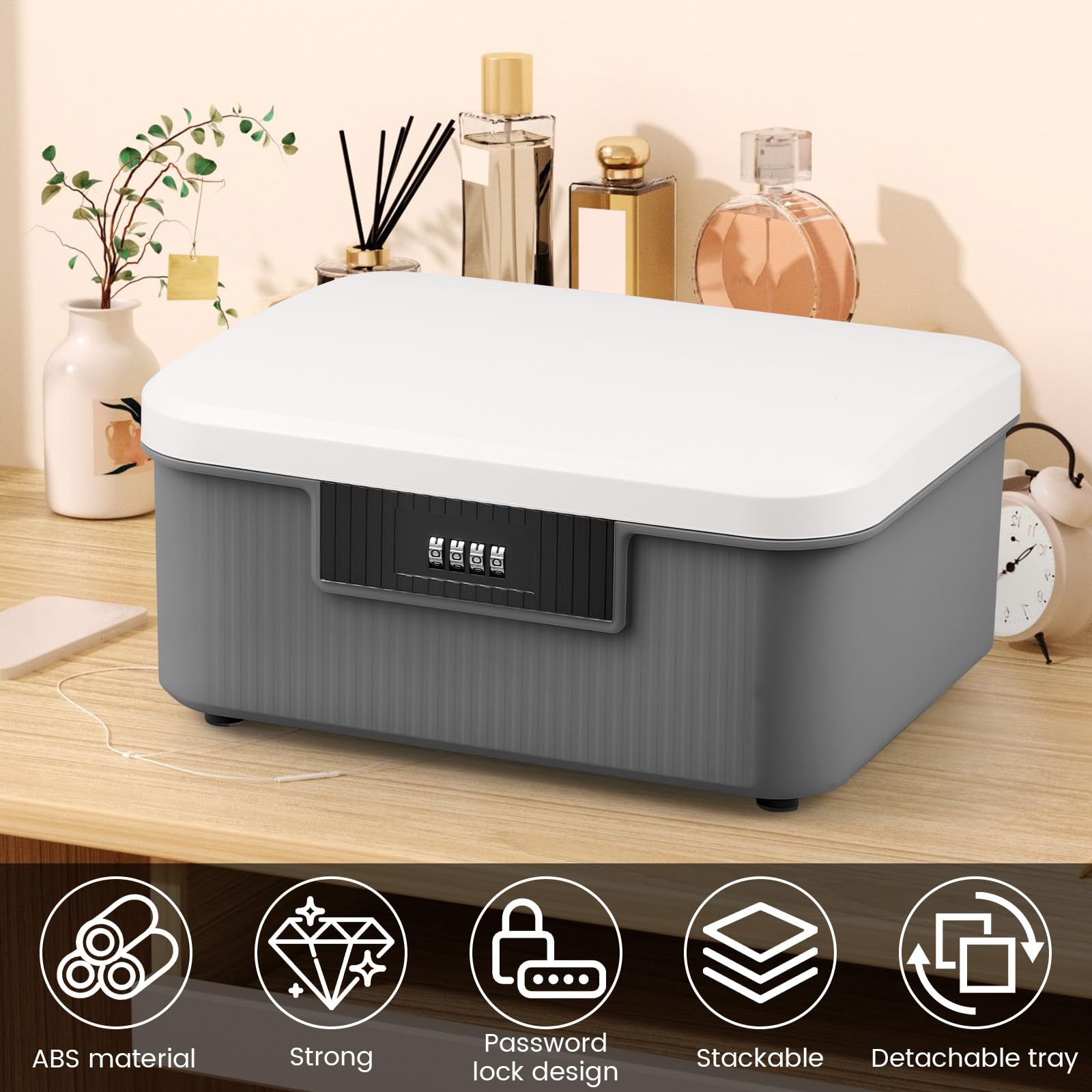 Caja de almacenamiento profesional con cerradura, 26 x 22 x 12 cm, aprox. 9 L, con cerradura de combinación de 4 dígitos para objetos personales, documentos y valores, color gris