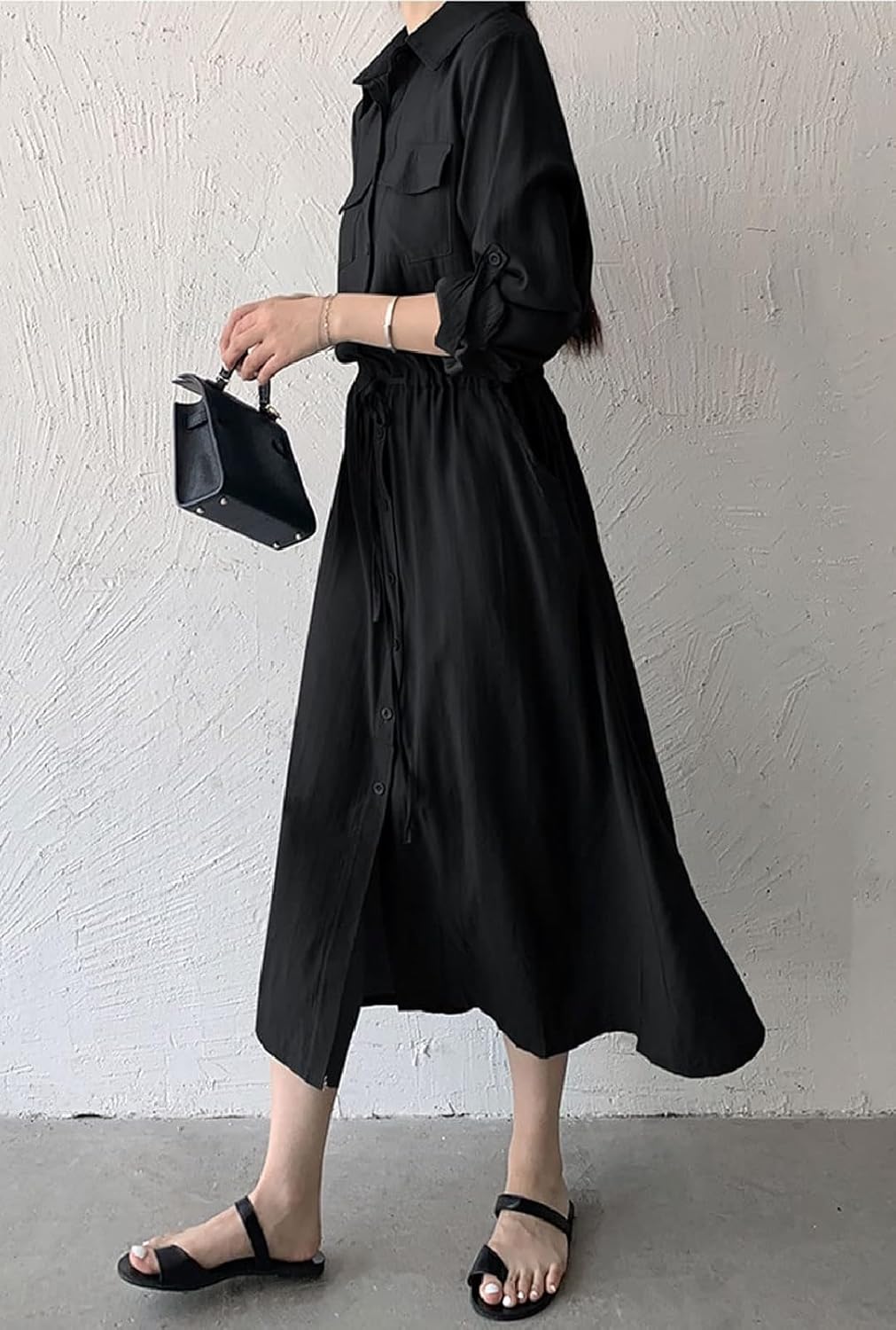 Women Roll-Up Long Sleeve Button Down Shirt Midi Dress - Image 4