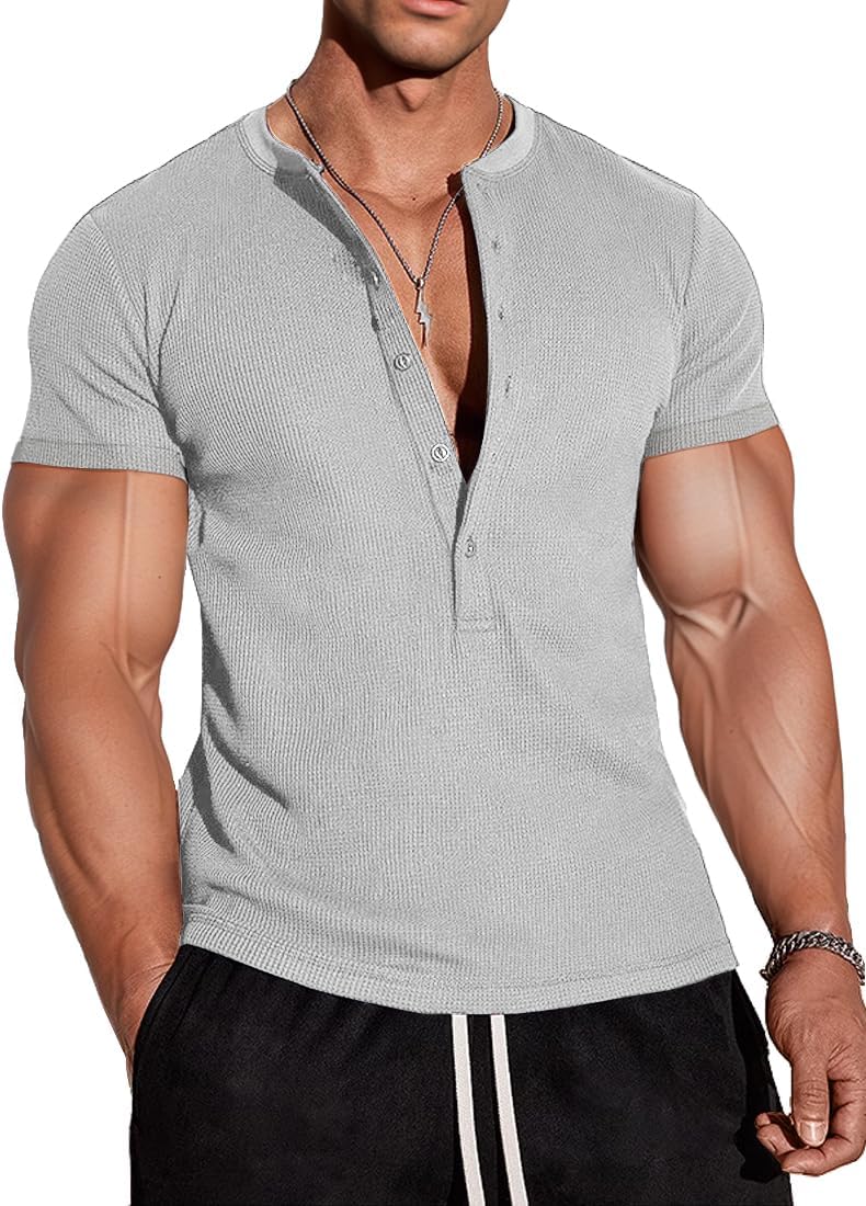 Muscle Cmdr Men's Waffle Henley Shirts Long Sleeve T-Shirt Stylish Casual 5 Button Placket Slim Fit Tee Thermal Underwear