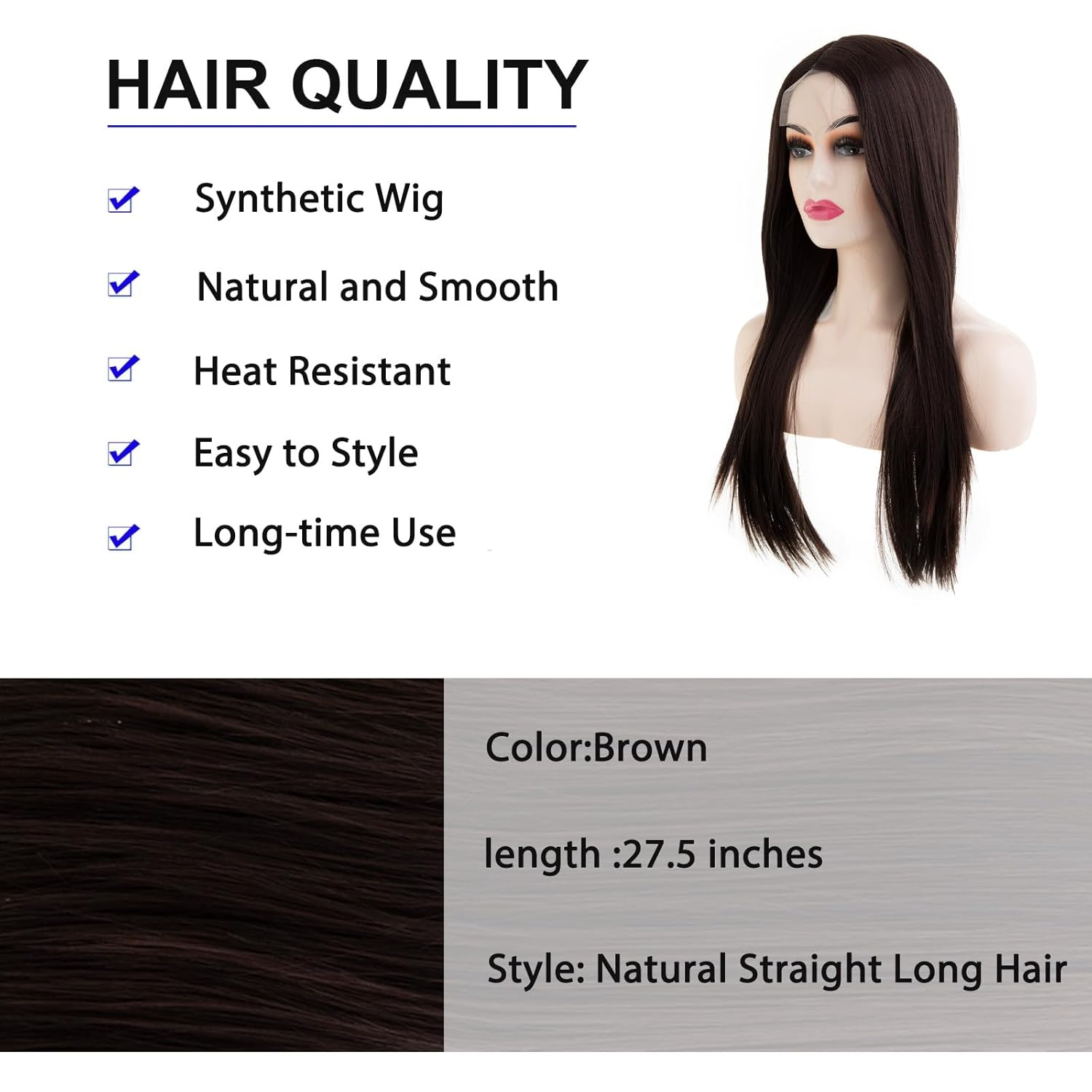 Sallcks Long Brown Wigs for Women 27 inch Long Straight Side Part Lace Wig Synthetic Hair Replacement Wig Cosplay Costume Halloween Wig