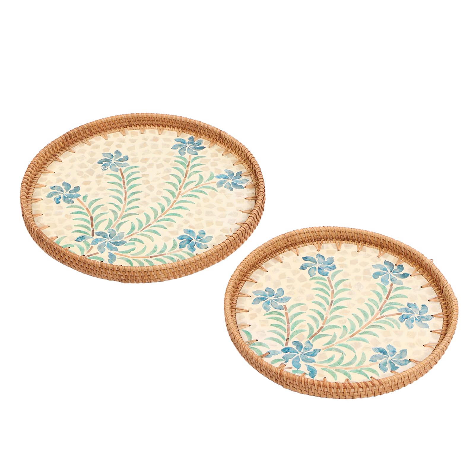 2 Piezas Bandeja Redonda para Aperitivos Tejida a Mano en Ratan, Estilo Artesanal Tradicional, Bandeja Decorativa Ecológica para Frutas y Snacks, Diámetro 30 cm y 35 cm (Patrón de cymbidium)