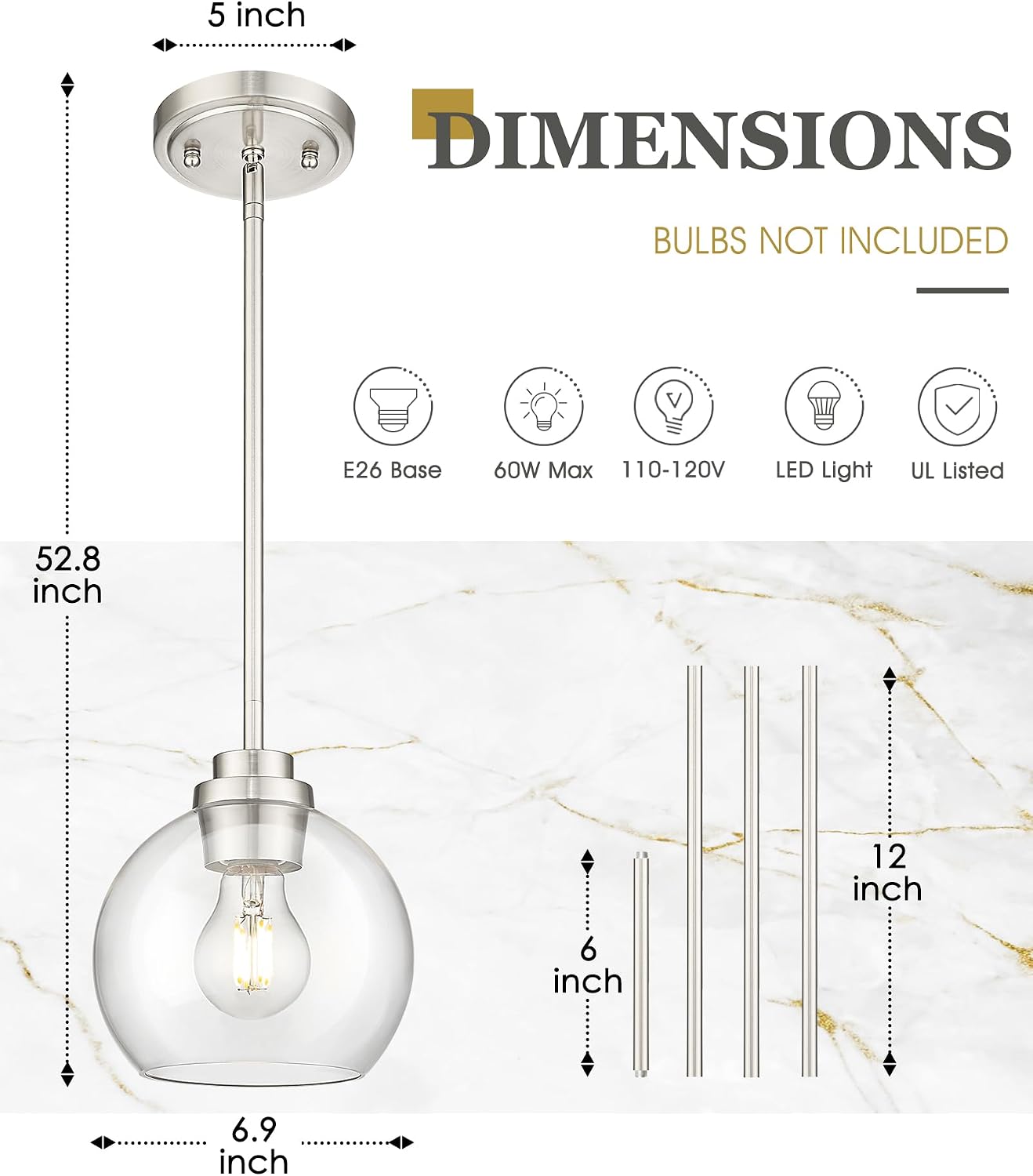 Pendant Lights Kitchen Island, 7" Modern Brushed Nickel Hanging Lights Fixtures with Clear Glass Globe Shade, Kitchen Island Lighting for Bathroom, AD-22280-1P-SN-C