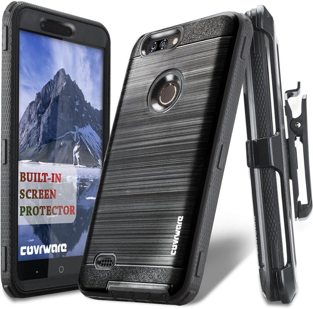 COVRWARE [Iron Tank] case compatible with ZTE Blade Z Max (Z982)/Sequoia, with Built-in [Screen Protector] Heavy Duty Full-Body Holster Armor [Brushed Metal Texture] Case [Belt Clip][Kickstand], Black