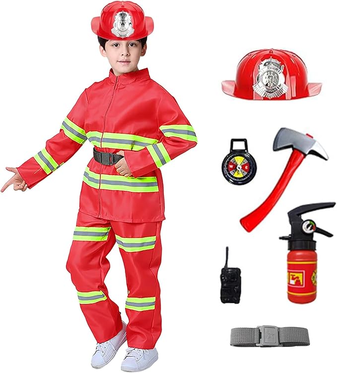 Generisch Costume De Pompier Festif Pour Bébé Garçon - Jeu De Rôle - Ensemble De 3 Pièces - Jouet Scolaire - Accessoires De Campus - Chaussettes Pour Enfants, Rouge, 5-6 Ans