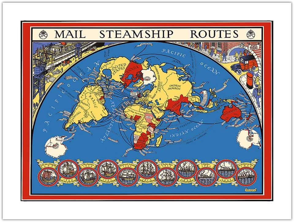 United Kingdom - International Postal Mail Steamship Routes - Vintage Pictorial Map by MacDonald (Max) Gill c.1937 - Bamboo Fine Art 290gsm Paper (Unframed) 12x16in