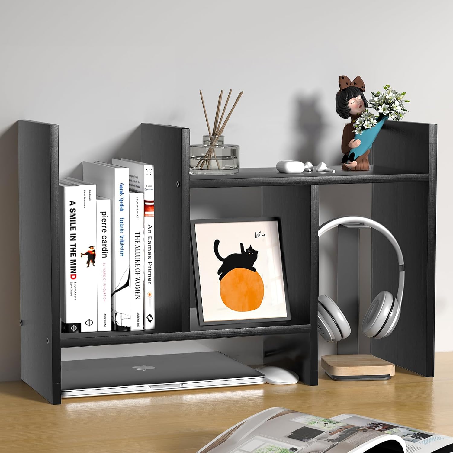 Desk Shelves Wood Desktop Orgnizer Shelf. Office Organization for Top of Desk Organizers and Accessories Bookshelf Shelving,Adjustable Tier H-Shape Mini Bookcase(White)