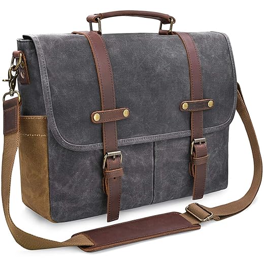 Mens Messenger Bag 15.6 Inch Waterproof Vintage Genuine Leather Waxed Canvas Briefcase Large Satchel Shoulder Bag Rugged Leather Computer Laptop Bag, Grey