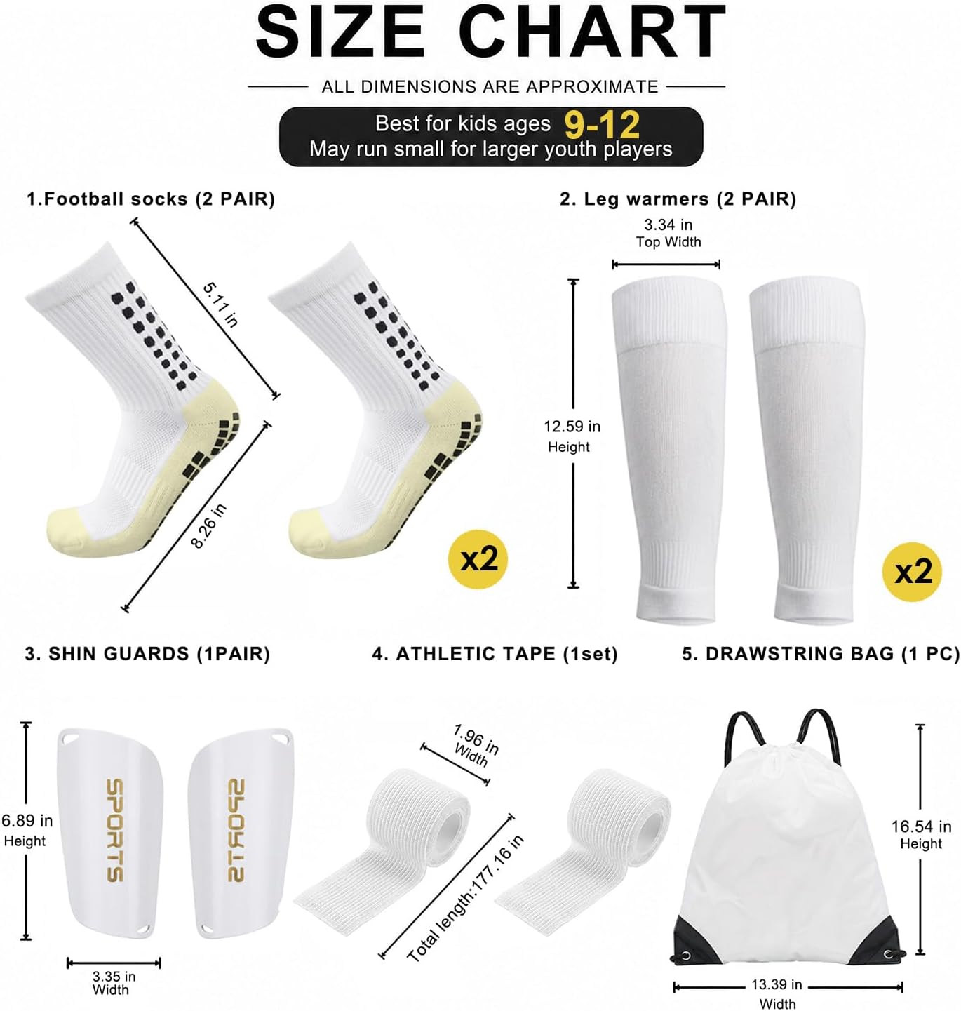 Complete Kids Youth Grip Soccer Socks with Shin Guards, Pre-Cut Sock Sleeves, Sports Tape and Drawstring Bag, Anti-Slip, Fits US Kids Shoe Sizes 7-12
