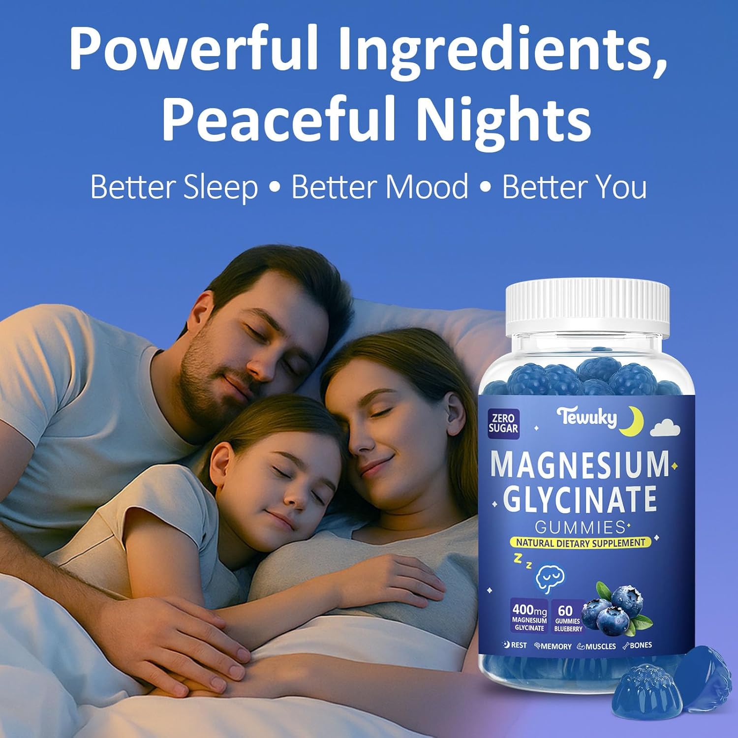 Magnesium Glycinate Gummies 400mg - Sugar Free Vegan Gummies for Adults & Kids with Vitamin D3, B6, C, CoQ10, Collagen, Zinc - Sleep, Muscle, Bone & Memory Support - 60 Blueberry Chewables / 2 Pack