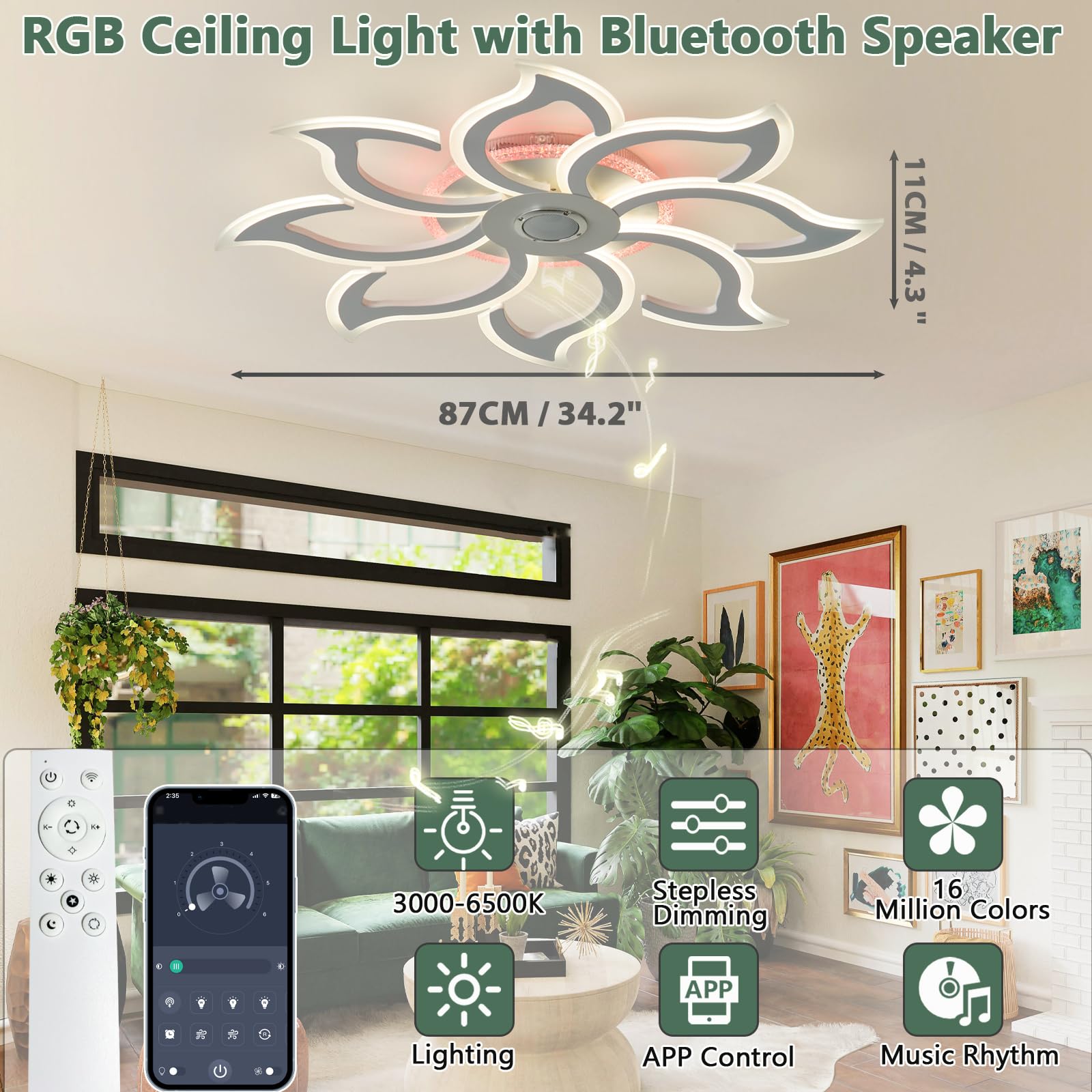 Lámpara de Techo LED con Altavoz Bluetooth, Plafón de Techo Regulable con Mando a Distancia y App, Luz LED Techo de Diseño Flor con Cambio de Color RGB para Salón, Dormitorio
