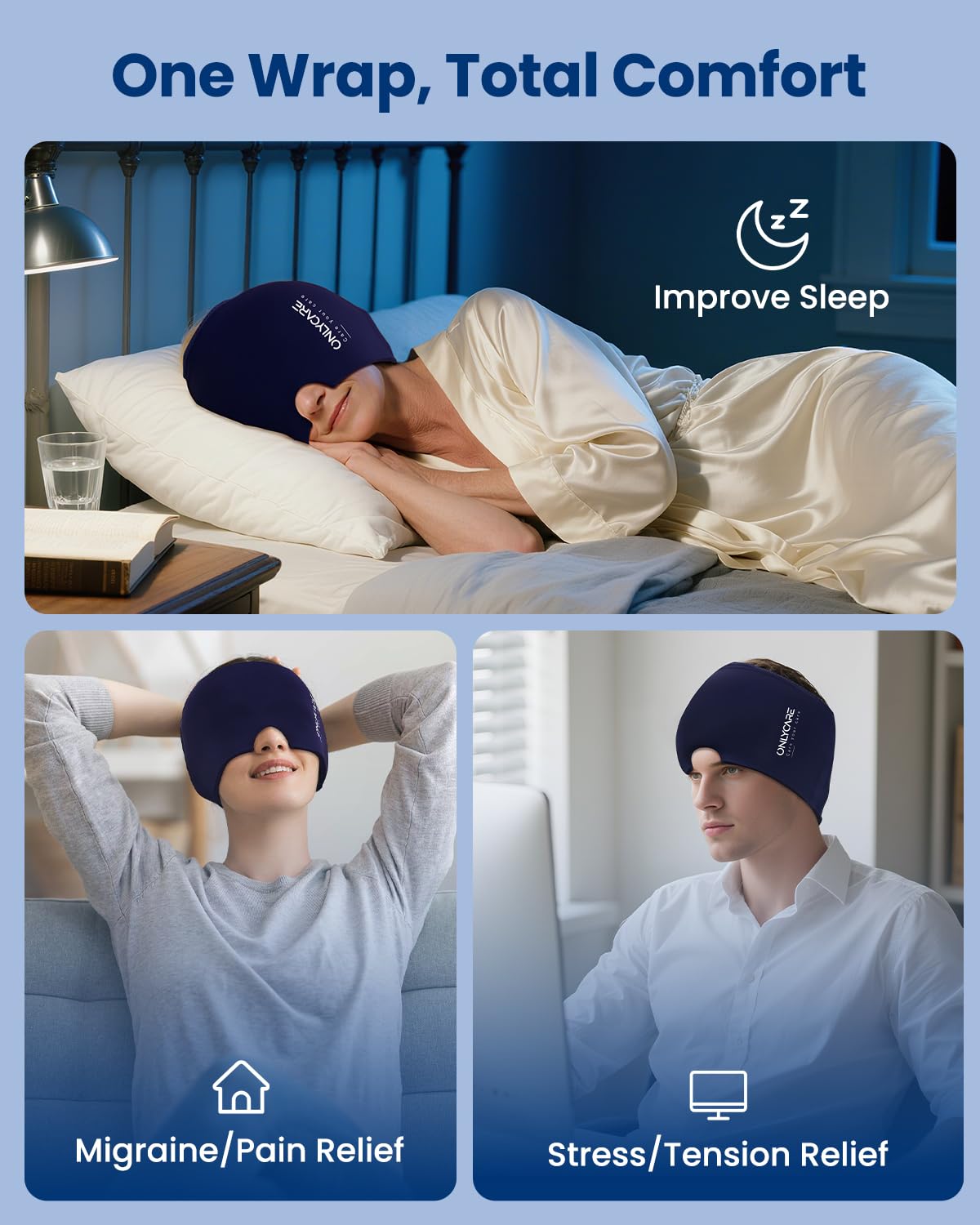 ONLYCARE Maschera rinfrescante per emicrania, con gel a 360°, per alleviare emicrania, mal di testa, blu notte