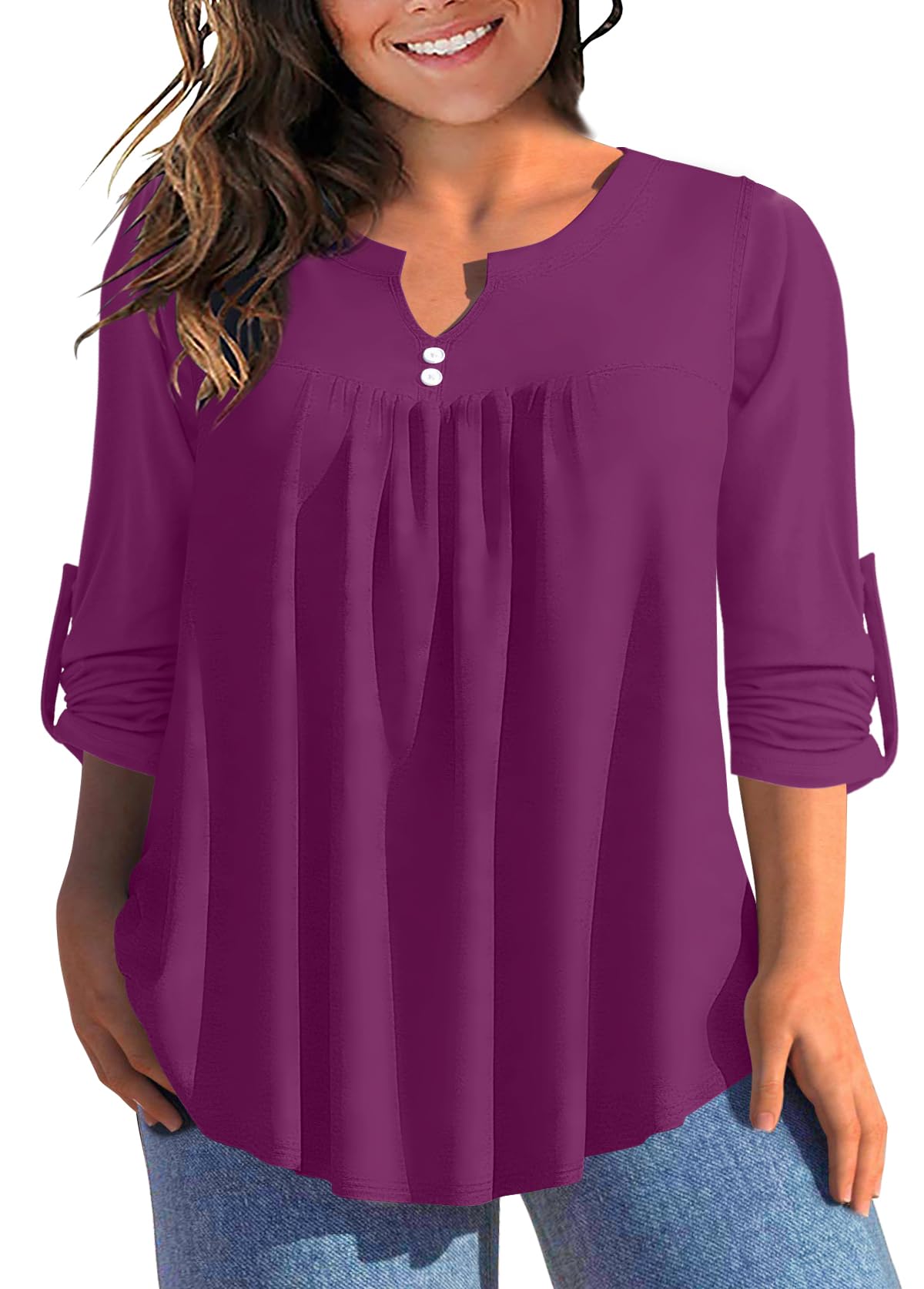 AMCLOS Womens Tops Plus Size V Neck T-Shirts Blouses Casual Flowy Pleated Floral Tunic Long Roll Tab Sleeves