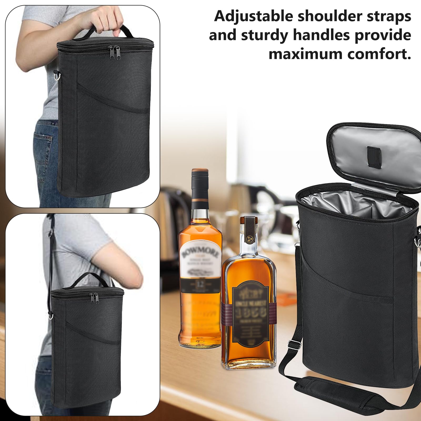 Borsa termica per vino, borsa per bottiglie, borsa frigo, borsa termica per vino, borsa termica isolata, borsa termica per vino portatile con cinghia, per 2 bottiglie di vino, bicchiere da vino