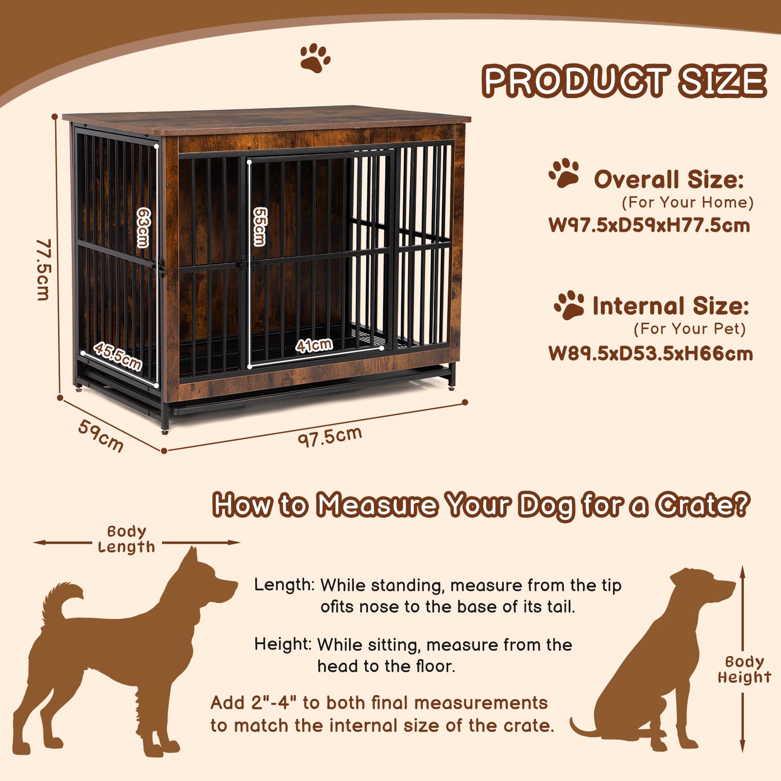 Hello-5ive Grande cage pour chien en bois avec double portes, niche d'intérieur robuste avec plateau amovible pour chiens de petite, moyenne et grande taille, table d'appoint d'appoint, 97,5 x 59 x