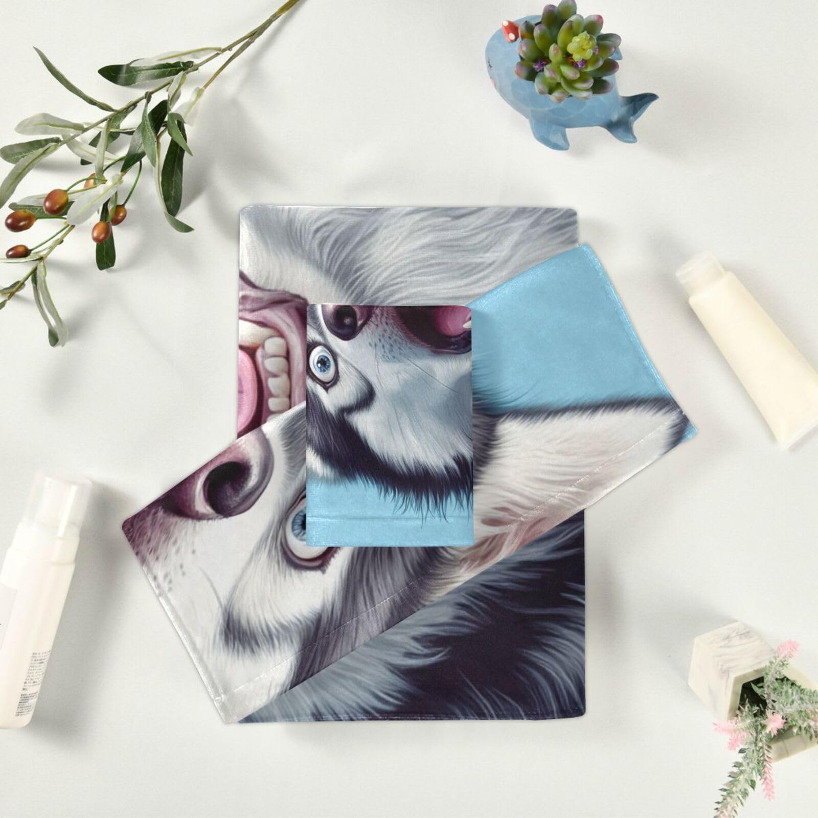 Cartoon Funny Sibirian Husky Dogs Fear Cleaning Face Towels Set, 3-teilig, 1 Badetuch, 1 Handtuch, 1 Waschlappen für Strand, Haare, Gesicht, Fitnessstudio, Schwimmen, Küche