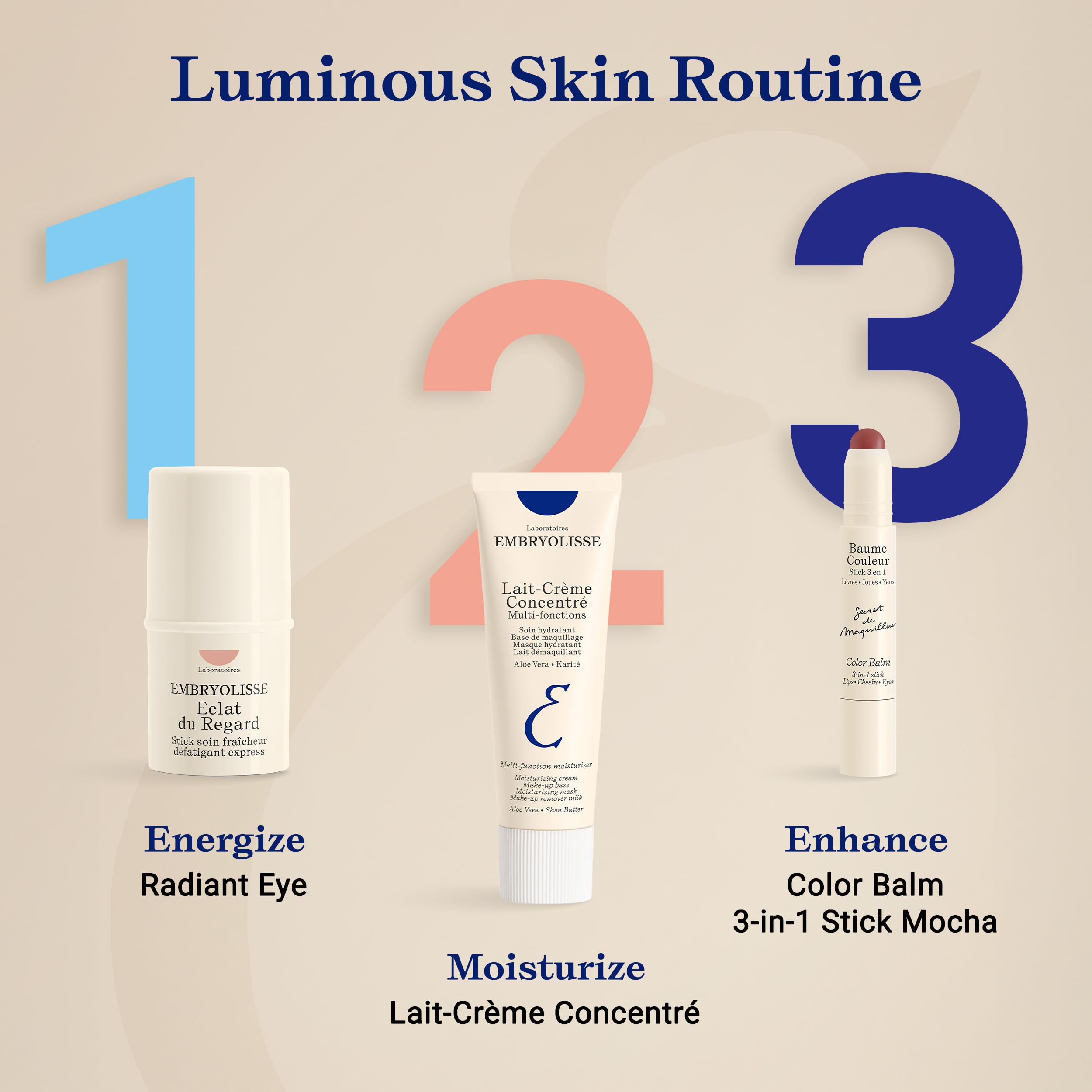 Embryolisse Color Balm 3-in-1 Stick, Mocha, Multi-Use Tint for Eyes Lips & Cheeks, Hydrating Balm with Centella Asiatica & Aloe Vera, Vegan, Fragrance Free, 0.08 oz