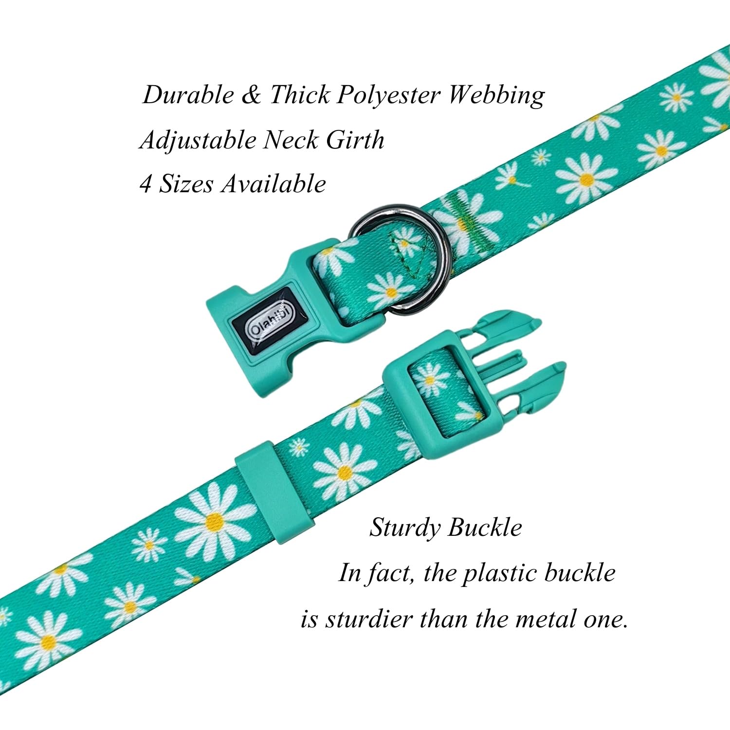 Olahibi Dog Collar and Leash Combo Set, Floral Pattern, Polyester Material, 150CM Matching Leash, for Small Dogs.(S, Green Daisy) - Image 4