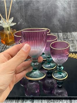 6 Lı Cam Renkli Yaldızlı Kahve Yanı Su Bardağı Kadeh Kupa Bardak 75ml