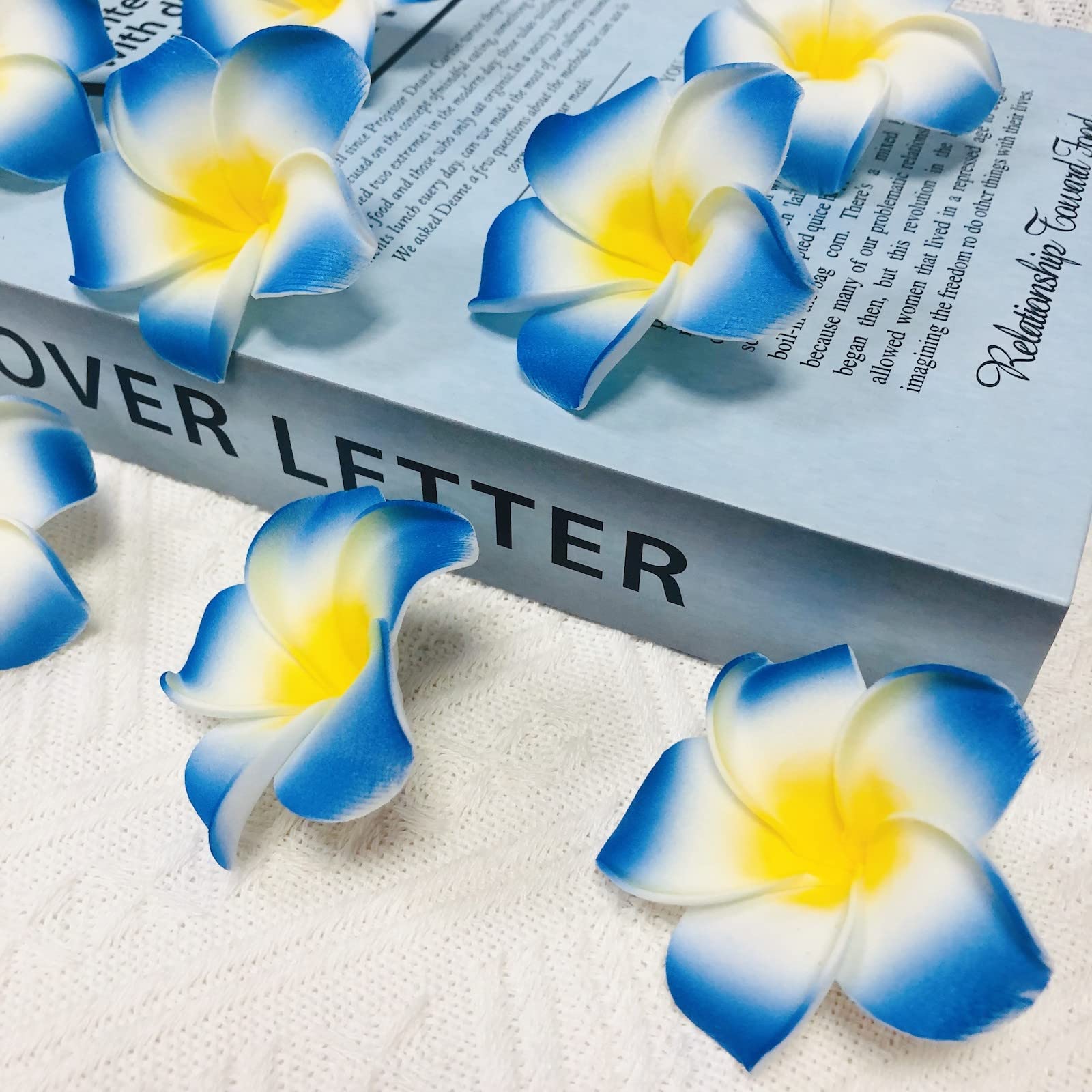 Riaxuebiy 50pcs Artificial Plumeria Petals Foam Eggflower Hawaiian Frangipani Flower Heads for Wedding Party Beach Home Brooch Hairpin Decoration (Blue) - Image 4