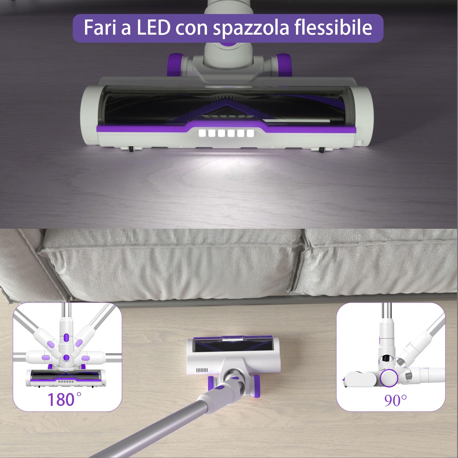 Vozascly 550W/45KPA Aspirapolvere Senza Fili Scopa Elettrica Senza Fili con Display Intelligente e Anti-Avvolgimento Scope Elettriche per Pavimenti Tappeti Peli Animali Domestici