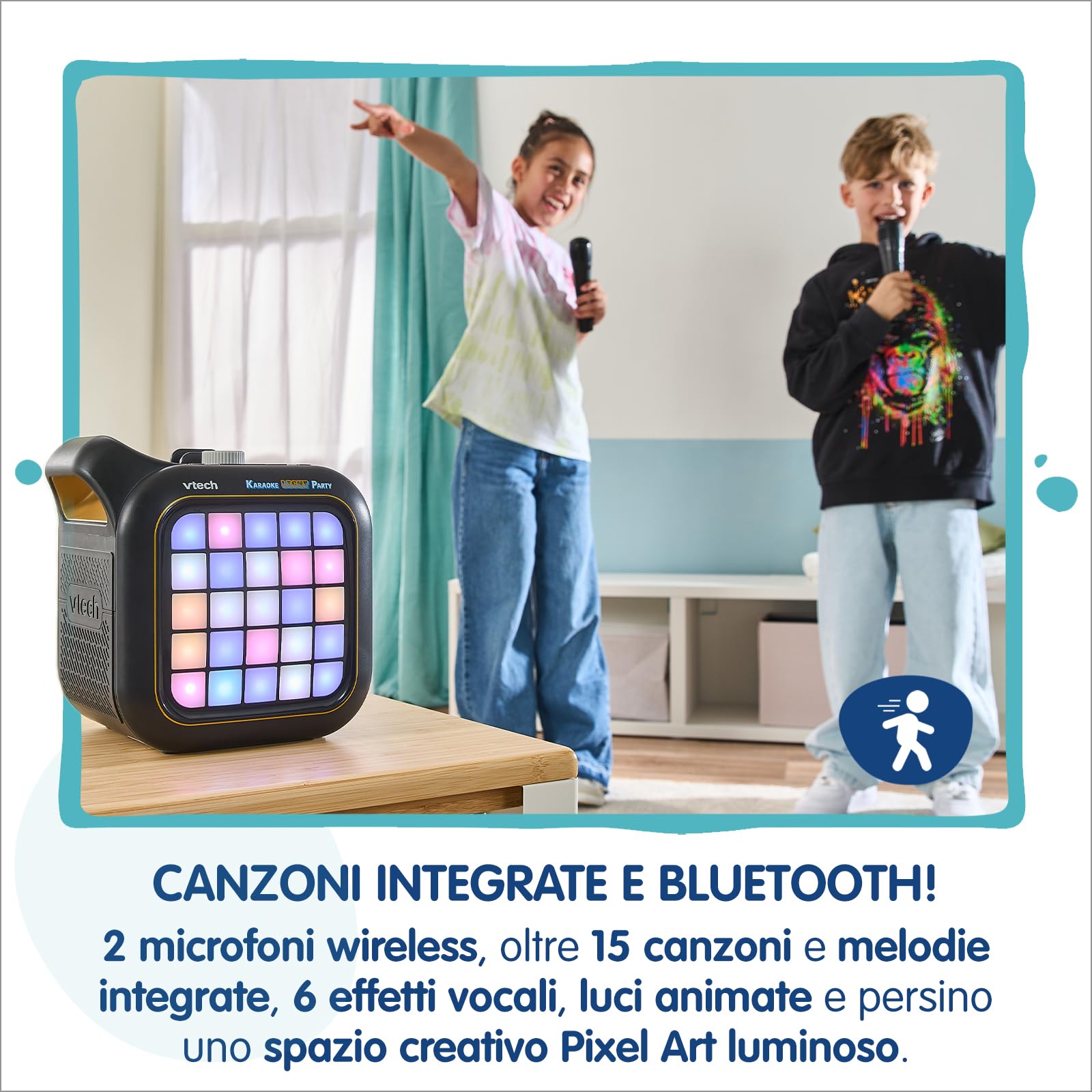 VTech Karaoke Light Party Microfono con Altoparlante 7+ Anni | 2 Microfoni Wireless, Bluetooth, Magic Voice, Effetti Sonori, 25 Tasti Pixel Art, Batterie Incluse, Lingua Italiana